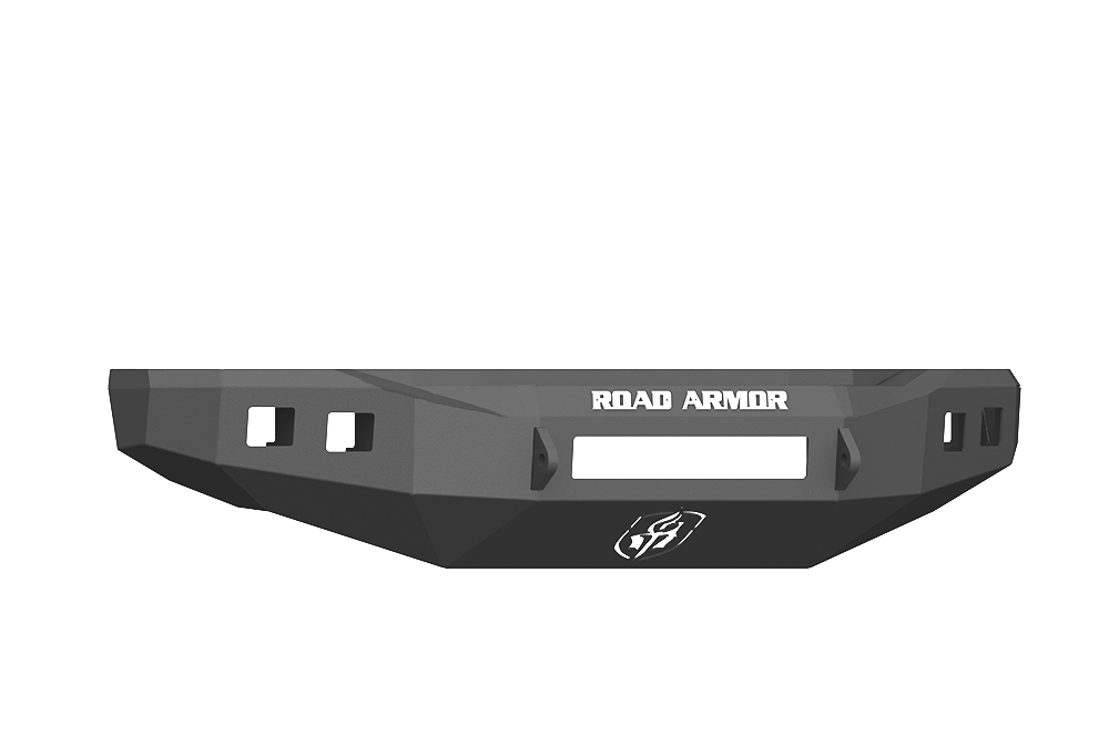 The 2017+ Ford F-250 Stealth Front Non-Winch Bumper in texture black features a matte finish, angular edges, and multiple cutouts. ROAD ARMOR is printed at the top center with an engraved emblem below, giving it a rugged, industrial look.