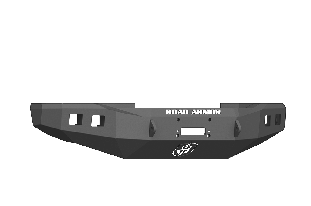 A 2017+ Ford F-250 Stealth Front Winch Bumper in textured black (Warn 16.5Ti) is shown front-facing, with ROAD ARMOR in bold white at the top and a logo beneath. The steel bumper features angular corners and multiple light/accessory cutouts.