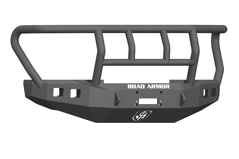 The 2017+ Ford F-250 Stealth Front Winch Bumper Titan II Guard features a textured black finish, angular design, light slots, central ROAD ARMOR logo, and sturdy metal build for rugged protection. Compatible with Warn 16.5Ti winch.