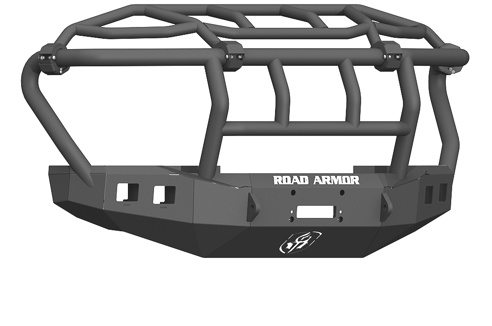 A textured black steel Stealth Front Winch Bumper with Intimidator Guard for 2017+ Ford F-250 features angular lines, two square winch mounts, a stylized helmet logo, ROAD ARMOR text on front, and fits Warn 16.5Ti winch.