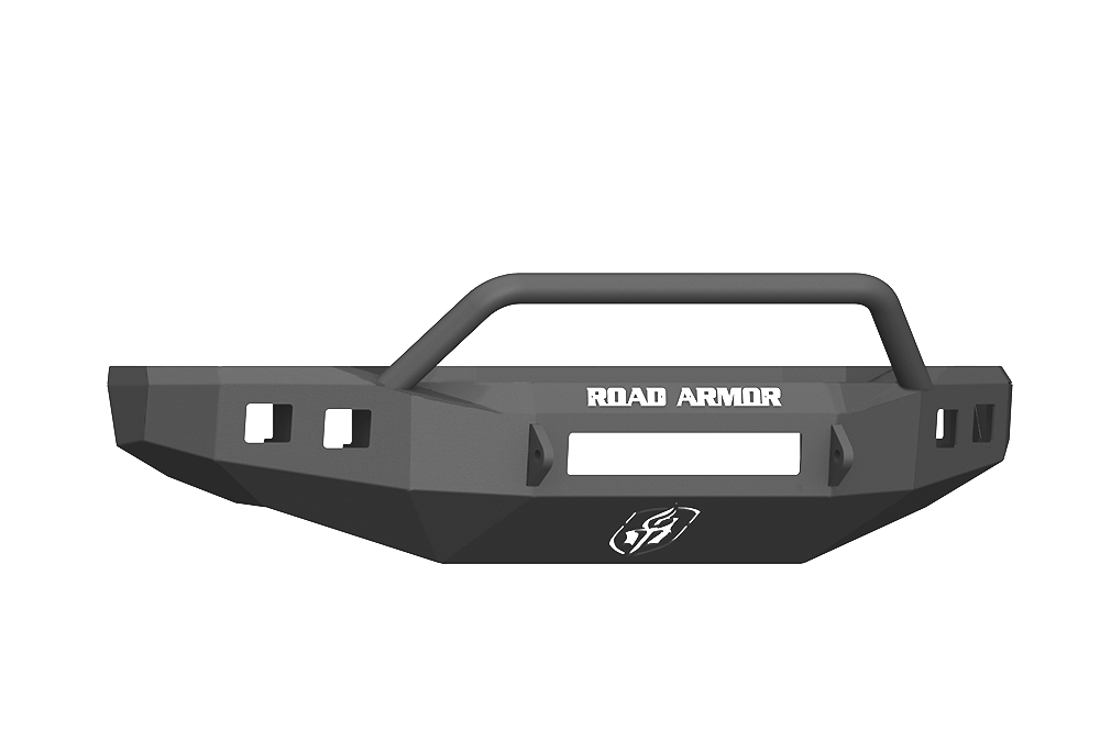 The 2017+ Ford F-250 Stealth Front Non-Winch Bumper Pre-Runner Guard in textured black features an angular, heavy-duty steel design, ROAD ARMOR branding, built-in grille guard, and multiple accessory cutouts. Shown isolated on white.