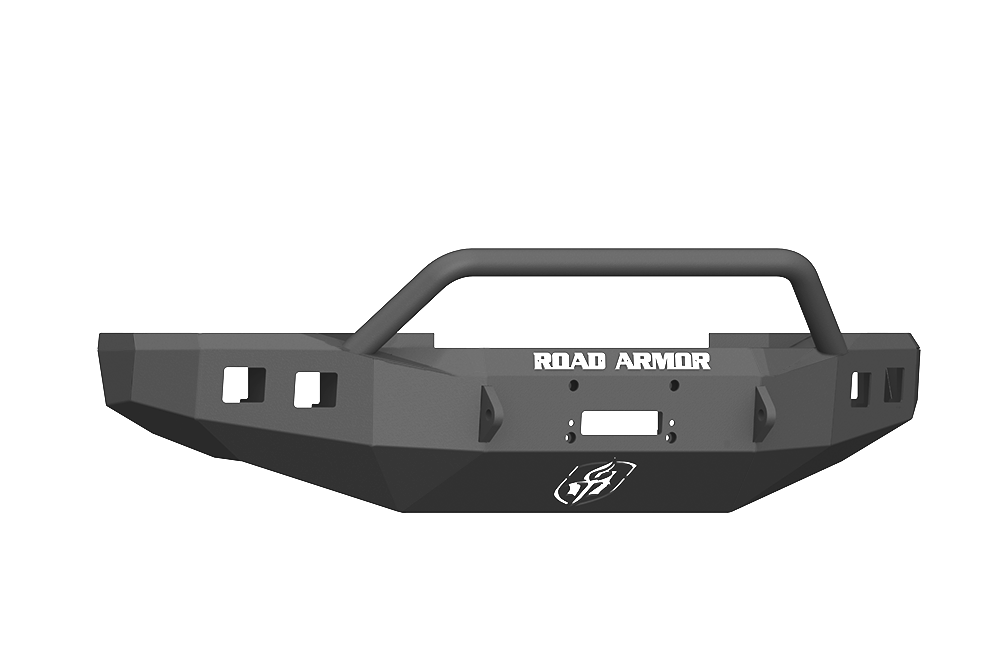 The 2017+ Ford F-250 Stealth Front Winch Bumper Pre-Runner Guard in texture black features angular edges, a tubular grille guard, winch cutout (Warn 16.5Ti), ROAD ARMOR in white, and a stylized logo below the winch slot.