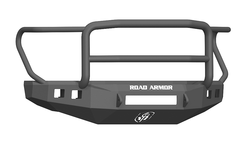 The 2017+ Ford F-250 Stealth Front Non-Winch Bumper Lonestar Guard in texture black features an angular design, integrated grille guard, bold white ROAD ARMOR branding, stylized logo, and multiple rectangular mounting openings.