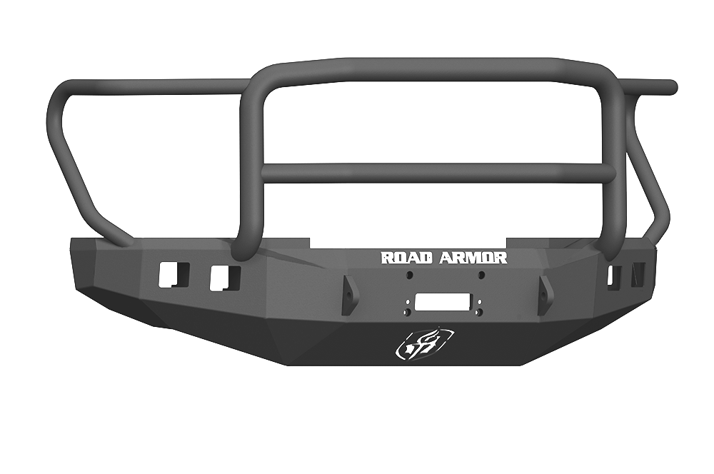 The 2017+ Ford F-250 Stealth Front Winch Bumper Lonestar Guard in texture black features heavy-duty steel, angular lines, a built-in grille guard, side openings, and ROAD ARMOR branding—built for off-road use with Warn 16.5Ti compatibility.