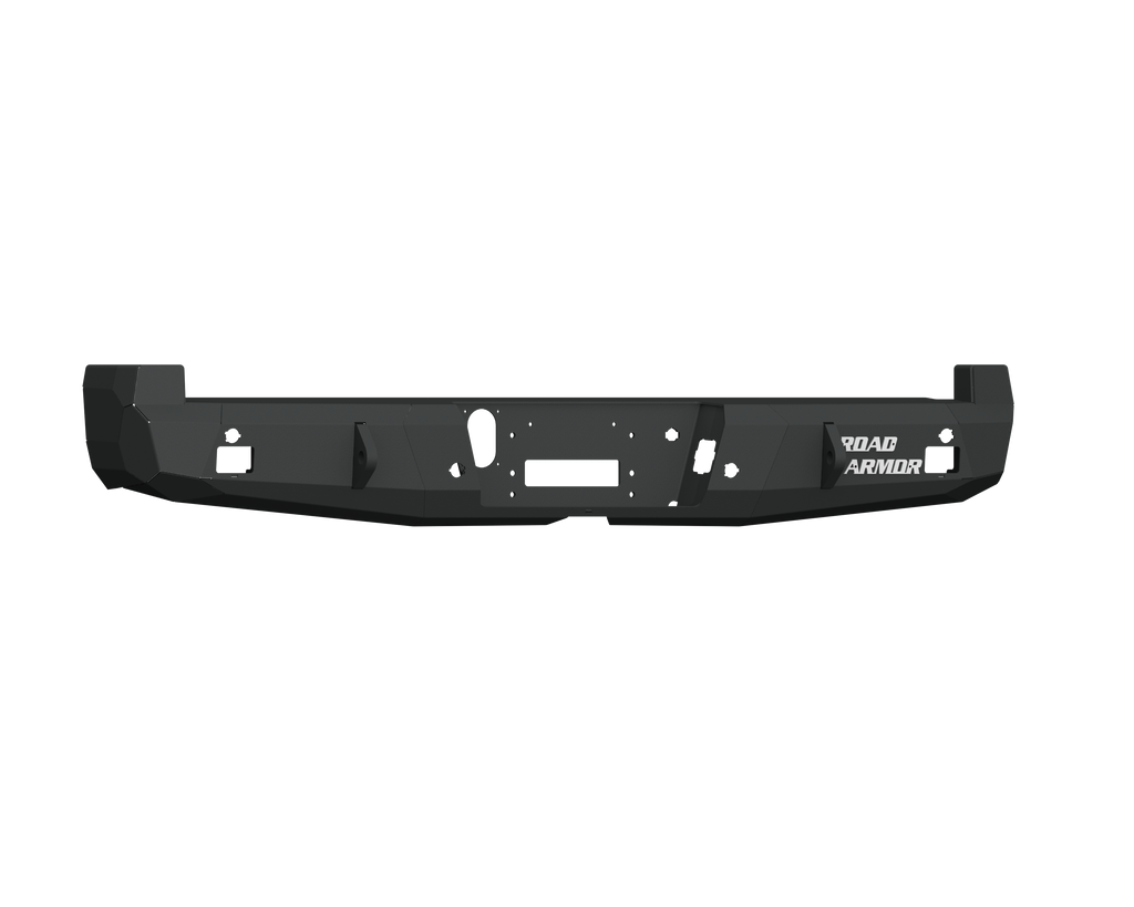 A 2017+ Ford F-250 Stealth Rear Winch Bumper in textured black, designed for Warn M8000 or 9.5Xp, with angular heavy-duty steel lines, mounting holes, and ROAD ARMOR in white on the right side, displayed on a plain white background.