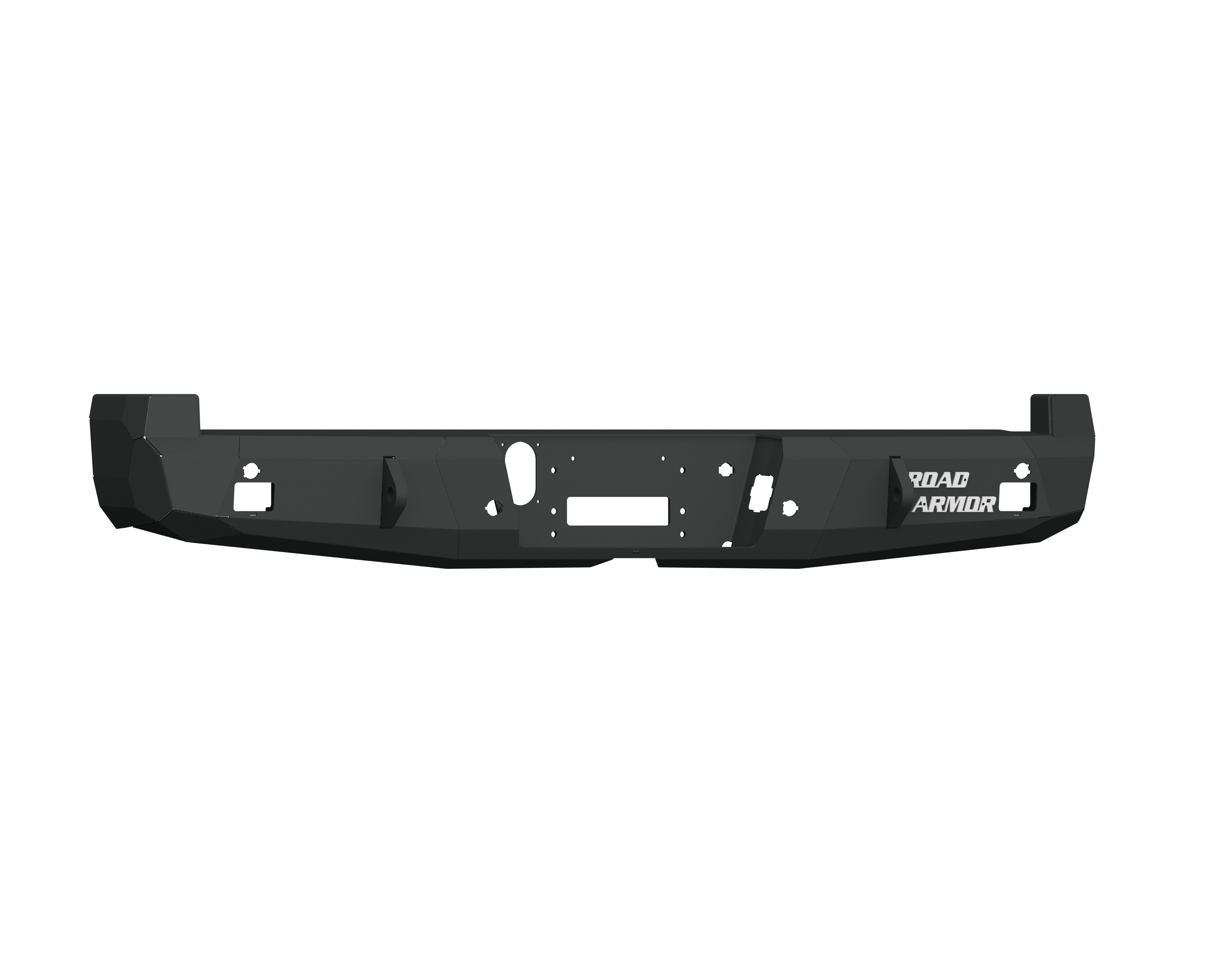 A 2017+ Ford F-250 Stealth Rear Winch Bumper in textured black, designed for Warn M8000 or 9.5Xp, with angular heavy-duty steel lines, mounting holes, and ROAD ARMOR in white on the right side, displayed on a plain white background.
