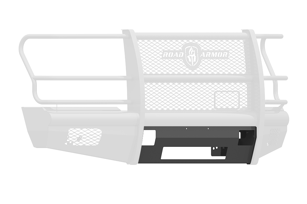 The 2017+ Ford F-250 Vaquero Front Non-Winch Plate in texture black features heavy-duty metal construction, mesh panels, side rails, a Ranch Hand central logo, angular design, and mounting brackets for front-end truck protection.