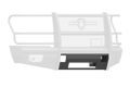 The 2017+ Ford F-250 Vaquero Front Non-Winch Plate in texture black features heavy-duty metal construction, mesh panels, side rails, a Ranch Hand central logo, angular design, and mounting brackets for front-end truck protection.