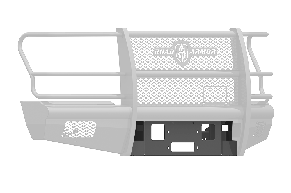 The 2017+ Ford F-250 Vaquero Front Winch Plate in texture black features a rugged metal build with a mesh center, side rails, mounting brackets, and the Ranch Hand logo for heavy-duty front-end protection.