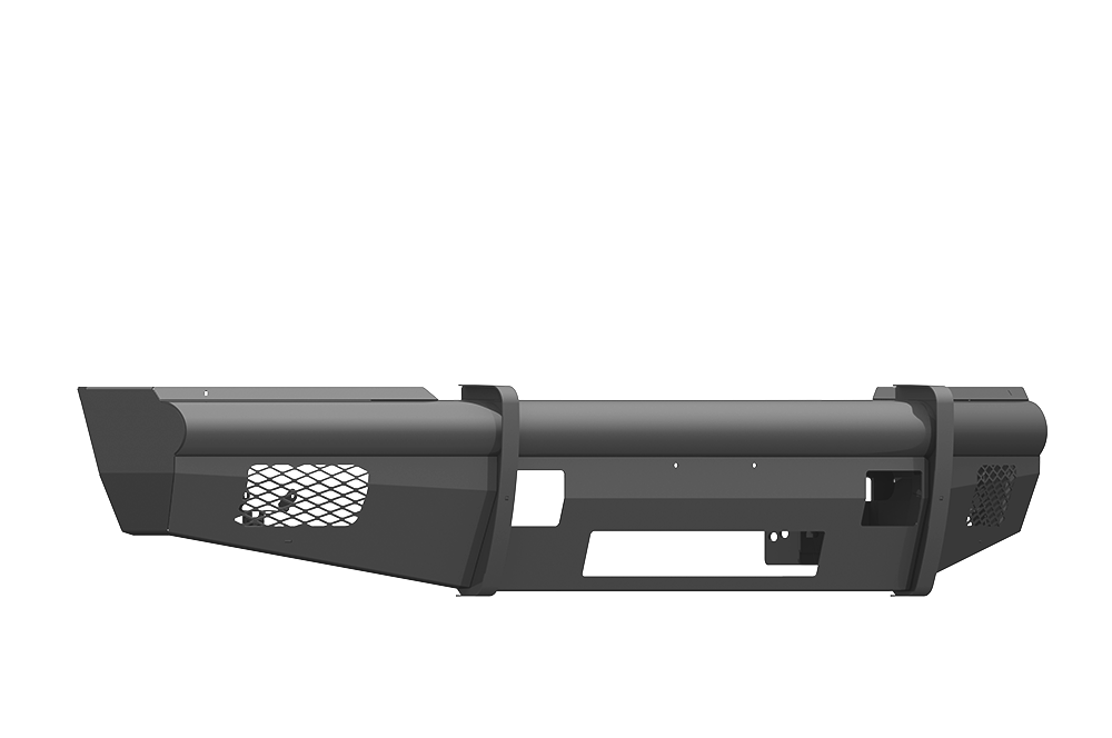 2017-2021 Ford F-250 Vaquero Front Non-Winch Bumper in textured black steel features angular edges, mesh side vents, and multiple light/mount cutouts. Heavy-duty design for off-road or utility use; matte finish. Transparent background.