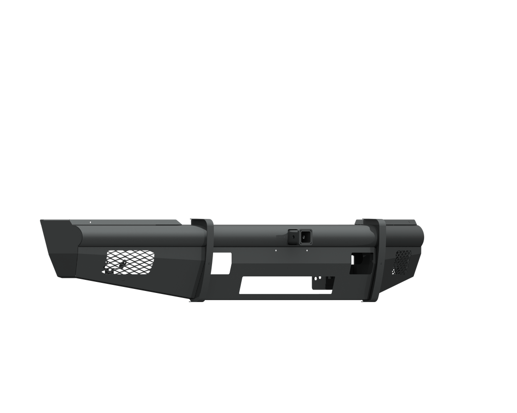 The 2017+ Ford F-250 Vaquero Front Non-Winch Bumper features a textured black finish, rugged angular design, mesh side panels, and a 2-in receiver. Built from metal, it’s ideal for trucks and offers heavy-duty off-road protection.