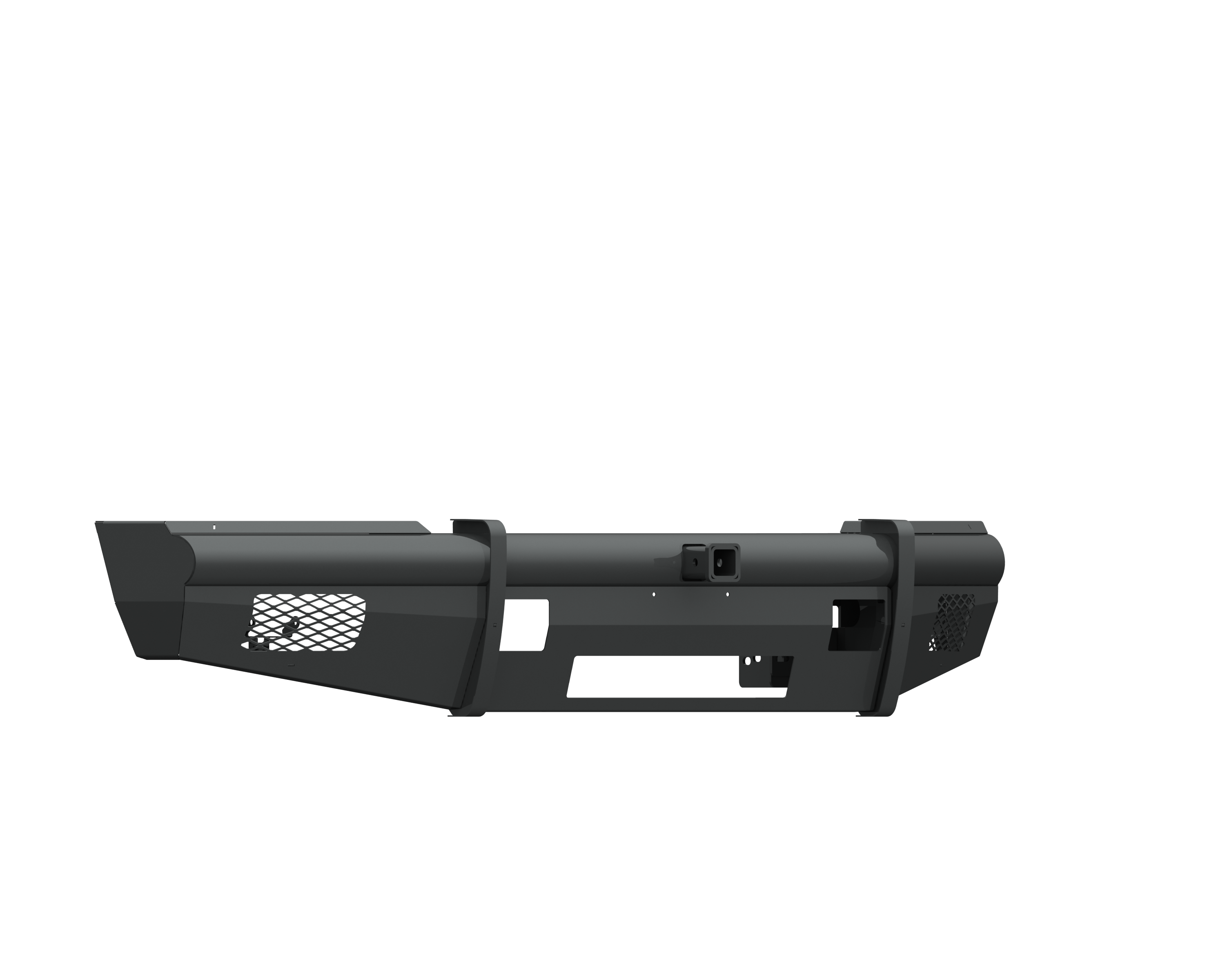 The 2017+ Ford F-250 Vaquero Front Non-Winch Bumper features a textured black finish, rugged angular design, mesh side panels, and a 2-in receiver. Built from metal, it’s ideal for trucks and offers heavy-duty off-road protection.
