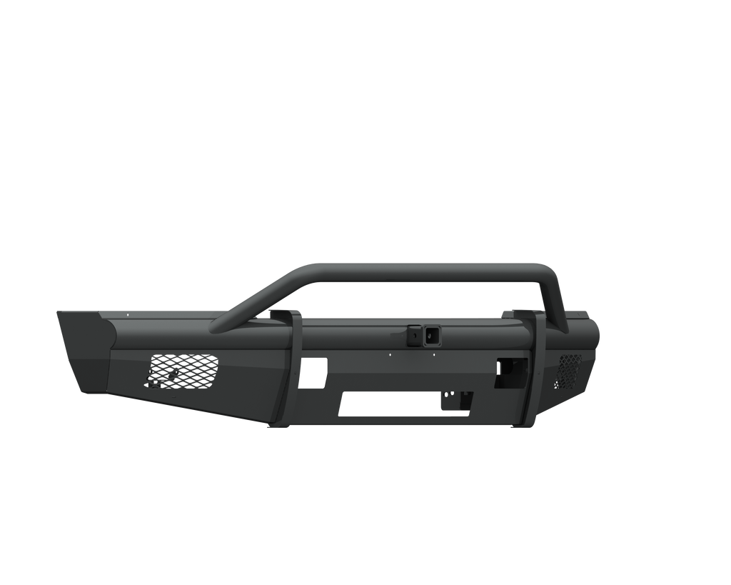 The 2017-2021 Ford F-250 Vaquero Front Non-Winch Bumper features a textured black finish, Pre-Runner tubular grille guard, mesh side vents, 2-inch receiver, included brackets, and an angular rugged design shown against a white background.