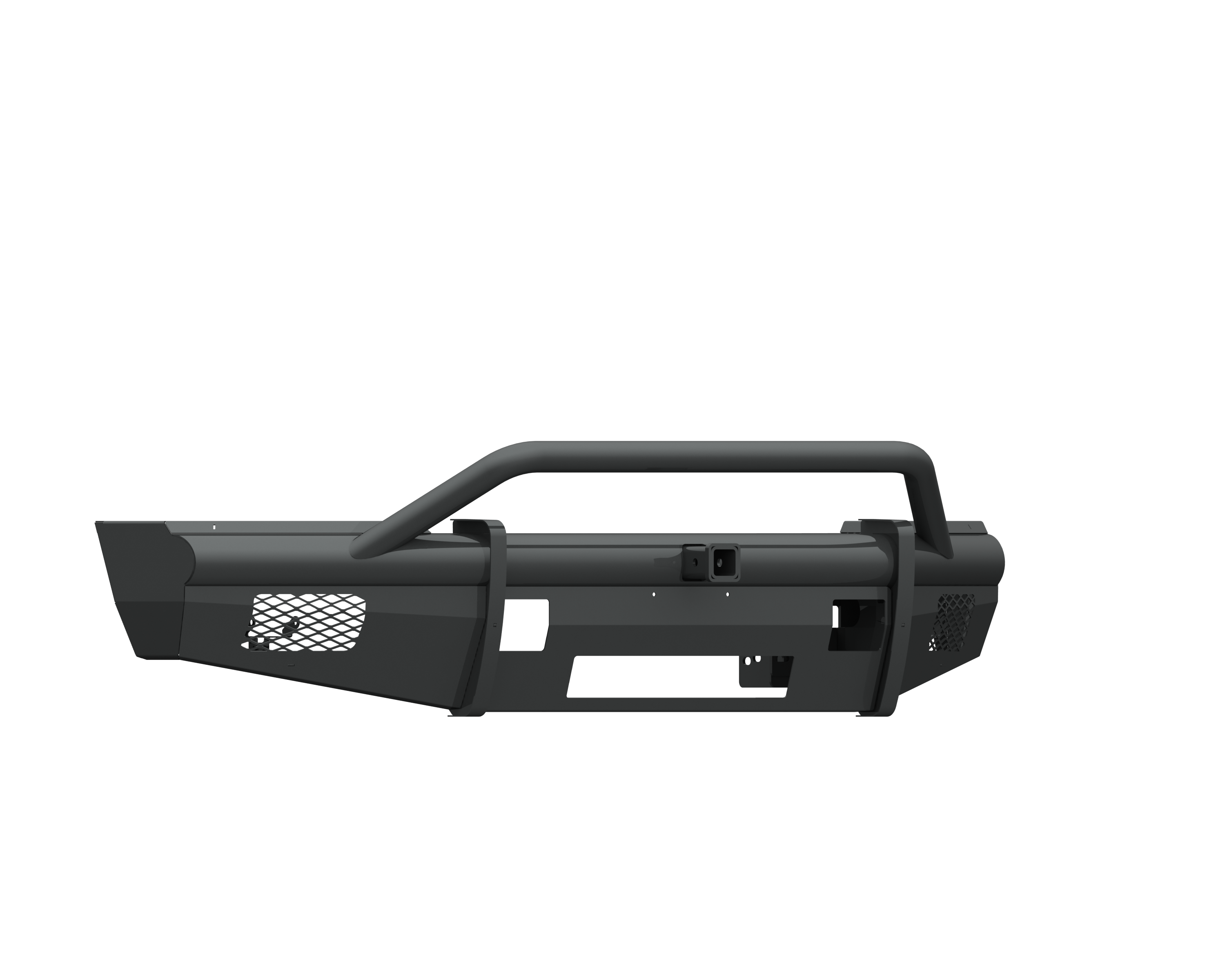 The 2017-2021 Ford F-250 Vaquero Front Non-Winch Bumper features a textured black finish, Pre-Runner tubular grille guard, mesh side vents, 2-inch receiver, included brackets, and an angular rugged design shown against a white background.