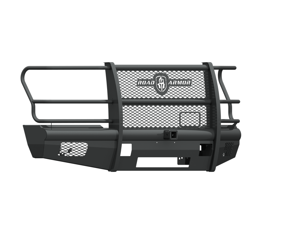 The 2017+ Ford F-250 Vaquero Front Non-Winch Bumper Full Guard features a textured black steel finish, mesh center, rounded side rails, rectangular lower cutouts, and a central logo. It protects your vehicle’s front end and includes a 2-inch receiver.