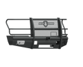 The 2017+ Ford F-250 Vaquero Front Non-Winch Bumper Full Guard features a textured black steel finish, mesh center, rounded side rails, rectangular lower cutouts, and a central logo. It protects your vehicle’s front end and includes a 2-inch receiver.
