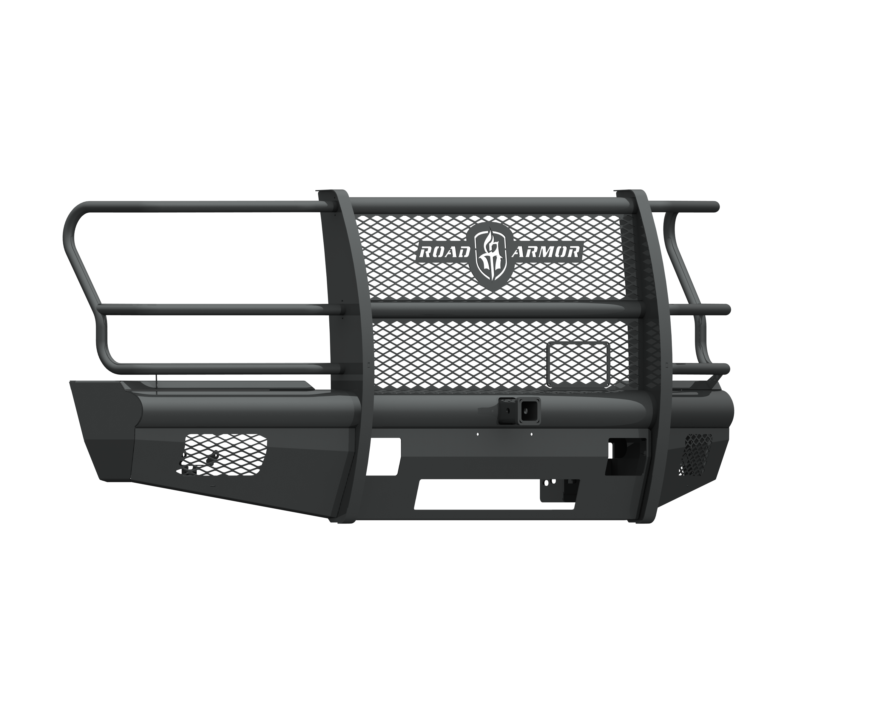 The 2017+ Ford F-250 Vaquero Front Non-Winch Bumper Full Guard features a textured black steel finish, mesh center, rounded side rails, rectangular lower cutouts, and a central logo. It protects your vehicle’s front end and includes a 2-inch receiver.