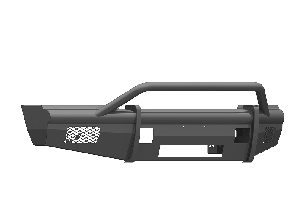 The 2017-2021 Ford F-250 Vaquero Front Non-Winch Bumper Pre-Runner Guard in texture black features angular edges, a grille guard, mesh end panels, horizontal mounting area, and cutouts for lights—offering robust protection for your truck.