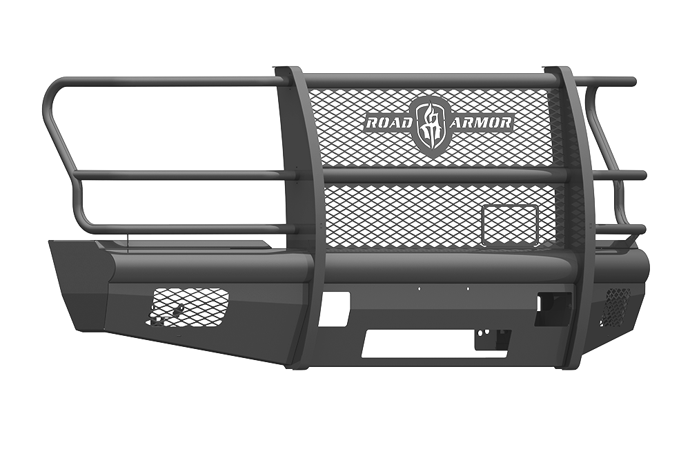 The 2017-2021 Ford F-250 Vaquero Front Non-Winch Bumper Full Guard in texture black features a mesh grille guard, side protection bars, Ranch Armor center logo, light cutouts, and mounting points for heavy-duty truck use.