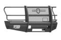 The 2017-2021 Ford F-250 Vaquero Front Non-Winch Bumper Full Guard in texture black features a mesh grille guard, side protection bars, Ranch Armor center logo, light cutouts, and mounting points for heavy-duty truck use.