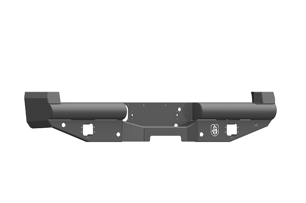 The 2017+ Ford F-250 Vaquero Rear Non-Winch Bumper features a textured black finish, angular design, mounting holes and cutouts, a central mounting plate, and an etched logo on the right side. The background is transparent.