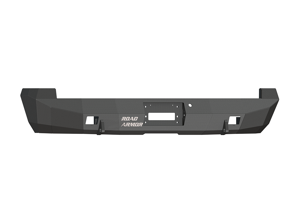 The 2008-2016 Ford F-250 Stealth Rear Winch Bumper in texture black features angular edges, a matte finish, central winch cutout for Warn M8000 or 9.5Xp, accessory mounts, and displays the Road Armor logo in white on the left side.