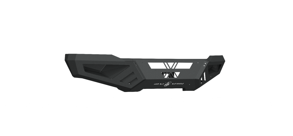 The 2018-2020 Ford F150 Spartan Front Bumper by Road Armor features a matte black, angular metal design with geometric cutouts, reinforced corners, and a stylized V. Shown isolated on white with shadow.