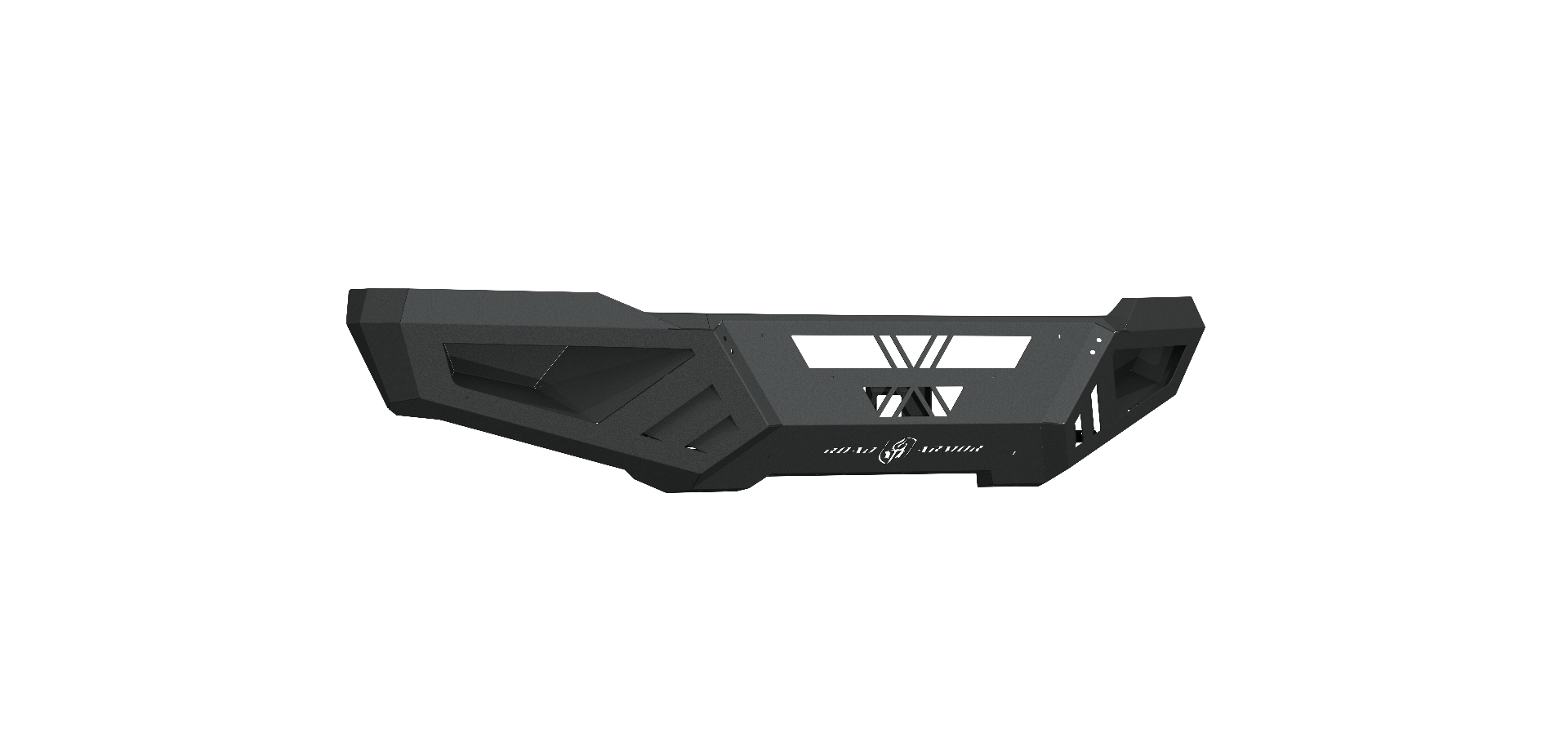 The 2018-2020 Ford F150 Spartan Front Bumper by Road Armor features a matte black, angular metal design with geometric cutouts, reinforced corners, and a stylized V. Shown isolated on white with shadow.