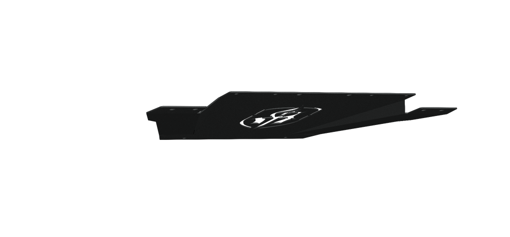 The 2018-2020 Ford F150 Spartan Front Bumper Bolt-On Accessory Skid Plate Guard by Road Armor features a textured black, angular metal design with a center cutout logo and multiple mounting holes to protect your vehicle’s undercarriage. Transparent backgr