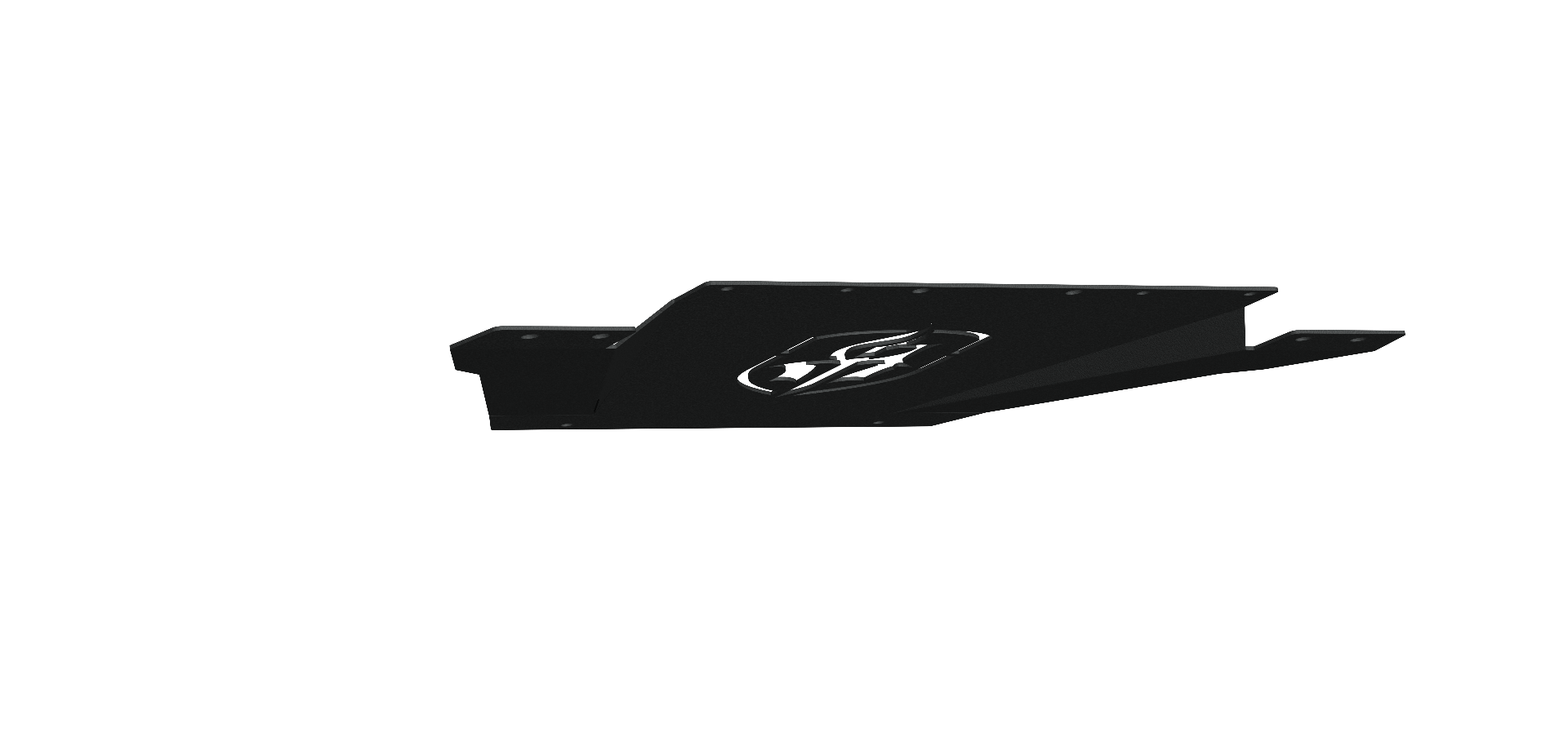 The 2018-2020 Ford F150 Spartan Front Bumper Bolt-On Accessory Skid Plate Guard by Road Armor features a textured black, angular metal design with a center cutout logo and multiple mounting holes to protect your vehicle’s undercarriage. Transparent backgr