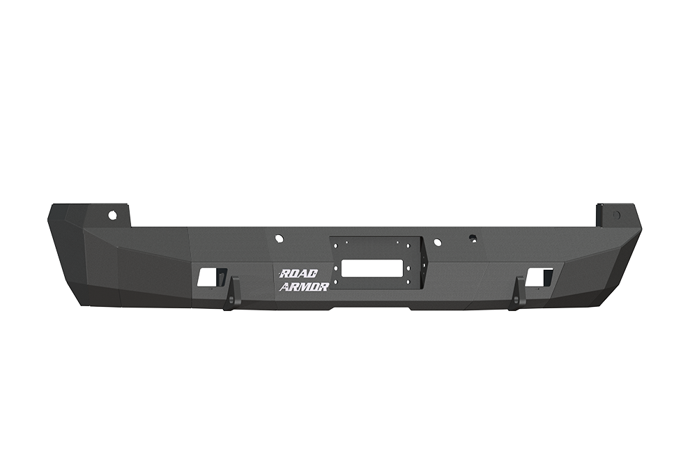 A textured black Stealth Rear Winch Bumper for 2008-2016 Ford F-250, featuring sensor holes, angular edges, central winch cutout for Warn M8000 or 9.5Xp, multiple mounting points, and the Road Armor logo in white on a plain white background.