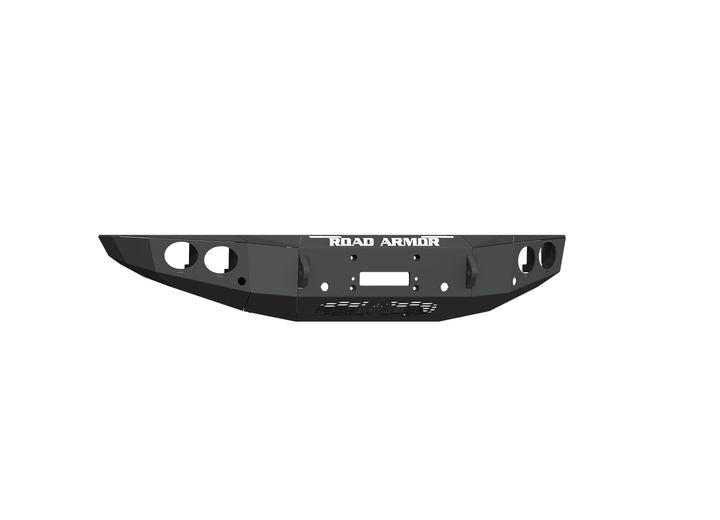 The 2019+ Ford Ranger Stealth Front Winch Bumper (Texture Black) features ROAD ARMOR cut out at the top, round light pods, angular rugged design, and fits Warn Vr Evo or Smittybilt XRC. The bumper is displayed on a plain white background.