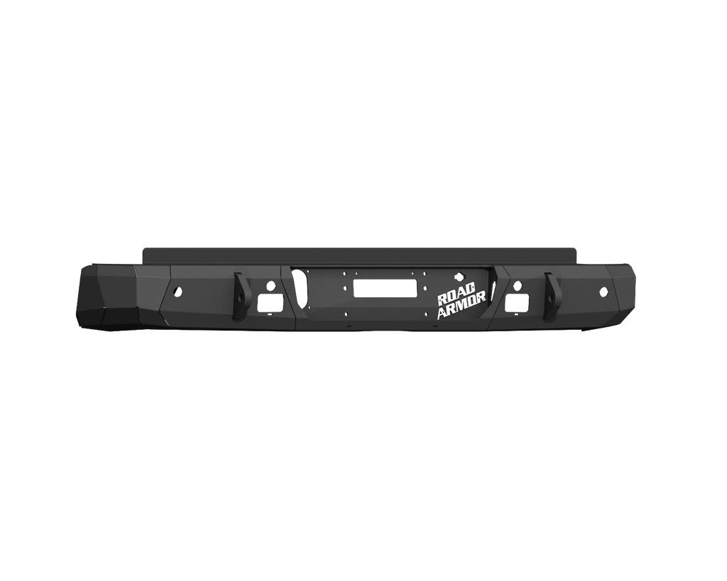 The 2019+ Ford Ranger Stealth Rear Winch Bumper in texture black features angular lines, multiple mounting points, a central winch cutout, and the white “ROAD ARMOR” logo on the right, shown against a white background.