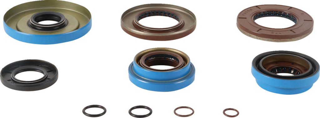 A set of nine variously shaped and colored oil seals and O-rings arranged in two rows on a white background, with the larger seals in the top row and smaller circular O-rings in the bottom row. Colors include blue, brown, and black.