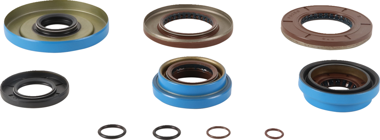 A set of nine variously shaped and colored oil seals and O-rings arranged in two rows on a white background, with the larger seals in the top row and smaller circular O-rings in the bottom row. Colors include blue, brown, and black.