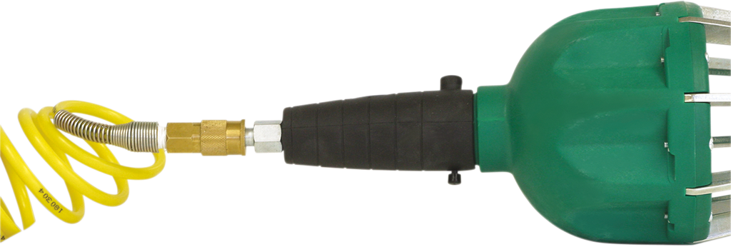 Close-up of a green and black power tool attachment with metal prongs on the right, connected to a yellow coiled air hose with a metal connector, set against a plain white background.