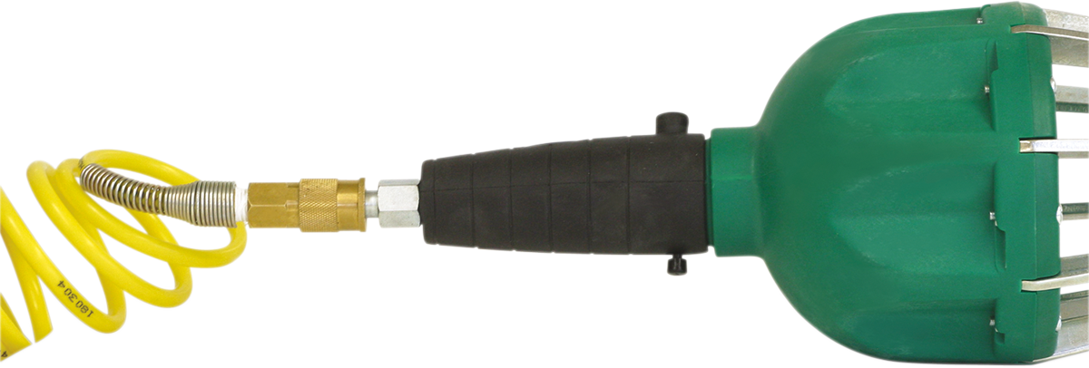 Close-up of a green and black power tool attachment with metal prongs on the right, connected to a yellow coiled air hose with a metal connector, set against a plain white background.