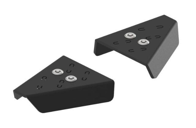 Pair of black, triangular metal Pl. Front A-arm guards for CFMoto CFORCE 600/625, each shown at an angle with two visible screws and multiple slots on the angled face. Displayed against a plain white background.