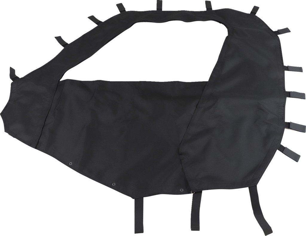 A black, asymmetrical fabric cover with multiple short straps and buckles along the edges, laid flat on a white background. The material appears durable, likely intended for protective or outdoor use, such as a vehicle or equipment cover.