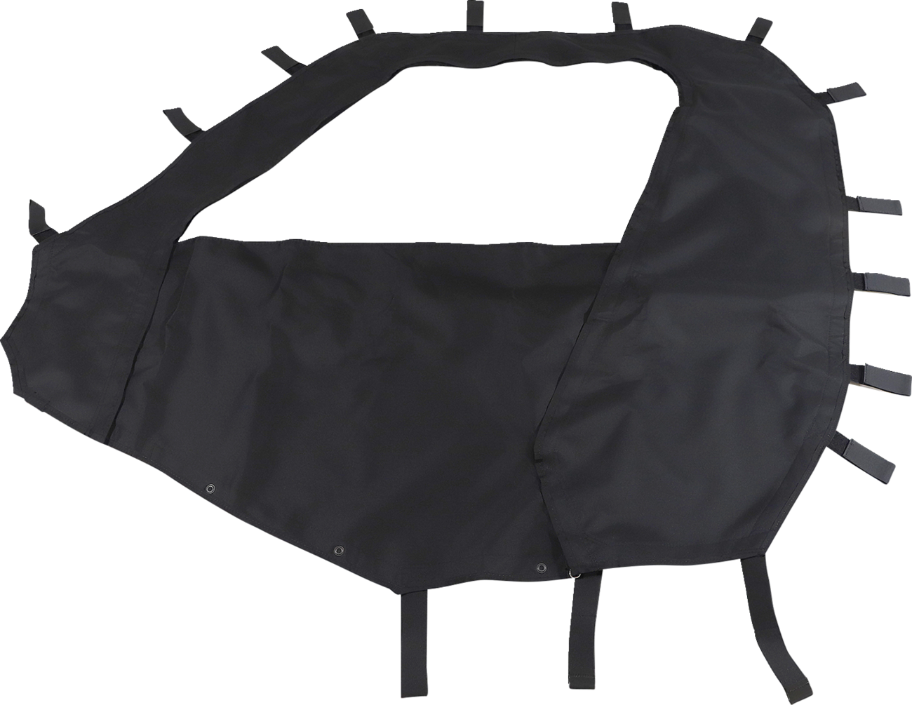 A black, asymmetrical fabric cover with multiple short straps and buckles along the edges, laid flat on a white background. The material appears durable, likely intended for protective or outdoor use, such as a vehicle or equipment cover.