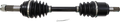 A black and silver automotive axle shaft with rubber CV boots and metal clamps at both ends. The shaft is straight and cylindrical, and a small metal cotter pin lies below the axle on a white background.