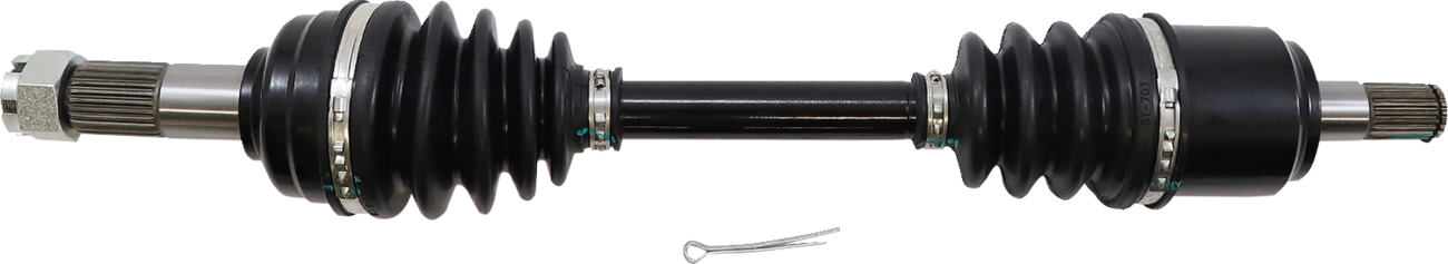 A black and silver automotive axle shaft with rubber CV boots and metal clamps at both ends. The shaft is straight and cylindrical, and a small metal cotter pin lies below the axle on a white background.