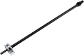 A black automotive driveshaft with a metal flange and yoke at one end and a splined shaft at the other, set against a plain white background. The driveshaft is slightly angled in the image, showing its cylindrical shape and mechanical connectors.