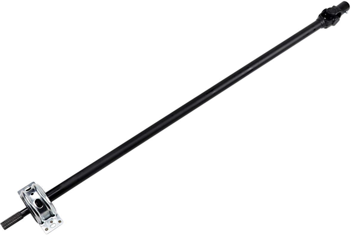 A black automotive driveshaft with a metal flange and yoke at one end and a splined shaft at the other, set against a plain white background. The driveshaft is slightly angled in the image, showing its cylindrical shape and mechanical connectors.