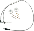 A metal hanging kit with a steel cable, two round wall mounts, two gold wall anchors, two screws, a drill bit, and an installation tool, all laid out on a white background. The kit is used for hanging pictures or artwork.