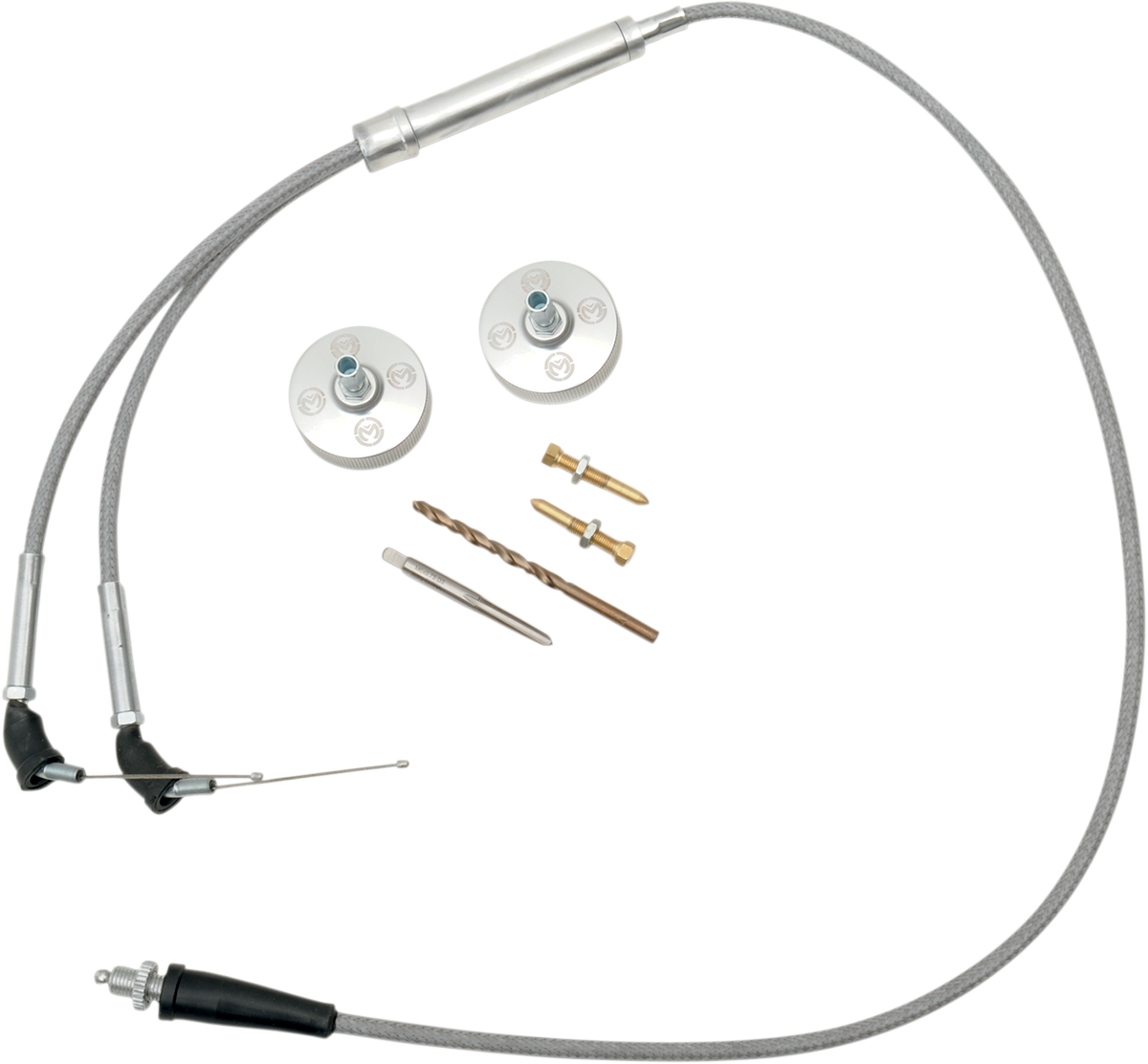 A metal hanging kit with a steel cable, two round wall mounts, two gold wall anchors, two screws, a drill bit, and an installation tool, all laid out on a white background. The kit is used for hanging pictures or artwork.