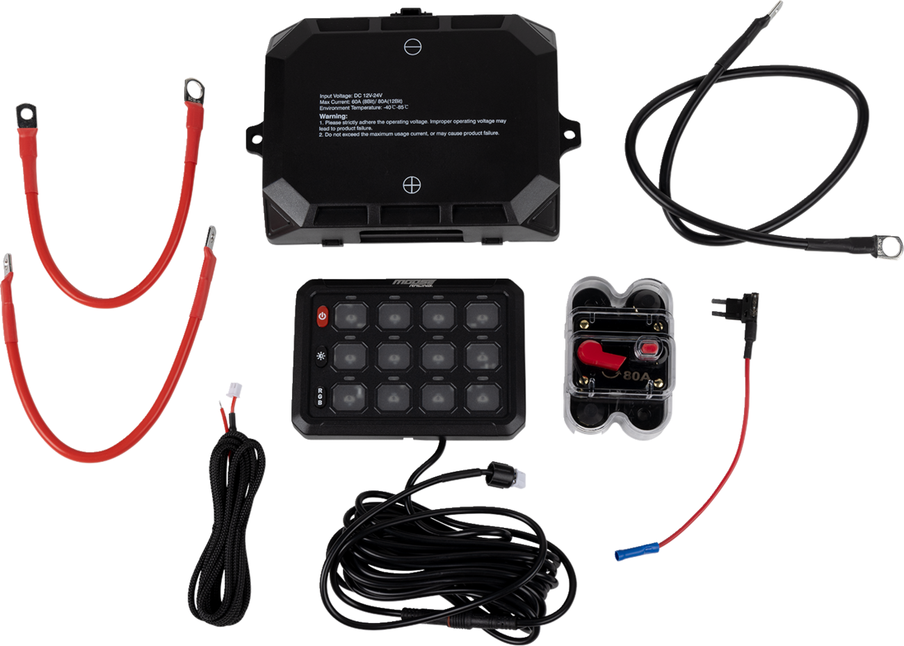 A vehicle switch panel kit with components laid out: a black control box, two red battery cables, a black switch panel with buttons, a fuse block with a red switch, a black grounding cable, and a bundle of connecting wires.