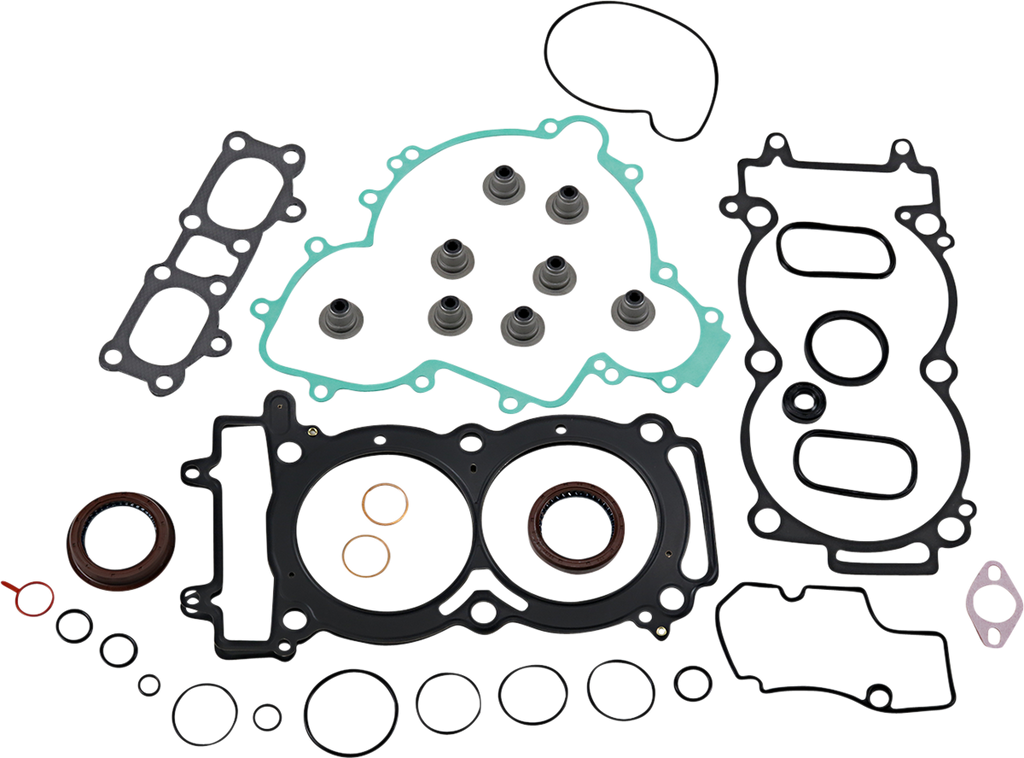A collection of various engine gaskets and seals in different shapes and sizes, including grommets, O-rings, a large green gasket, and several black rubber gaskets, all neatly arranged on a white background.