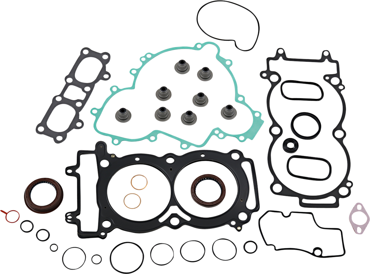 A collection of various engine gaskets and seals in different shapes and sizes, including grommets, O-rings, a large green gasket, and several black rubber gaskets, all neatly arranged on a white background.