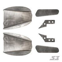 Two sets of S3 Power Sports 2017+ Can-Am Maverick X3 64 Trailing Arms Weld-In Gusset Kit parts are displayed on a white background, each set including a large curved piece and three smaller flat components with a brushed metal finish.